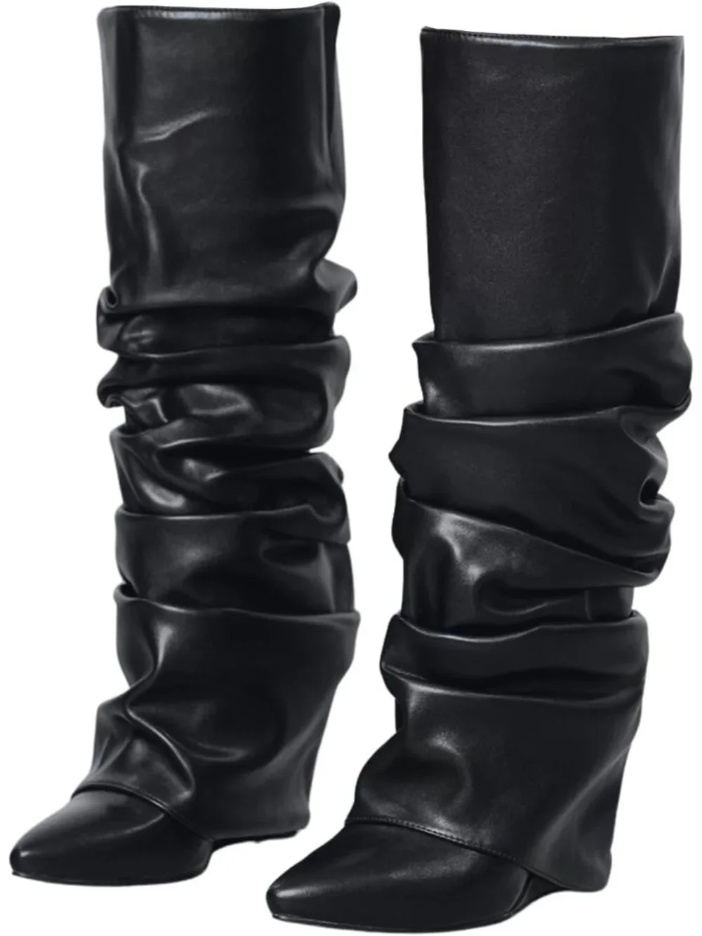 Women's Black Heel Wide Calf Pointed Toe Slouched Fold Over Knee High Boots